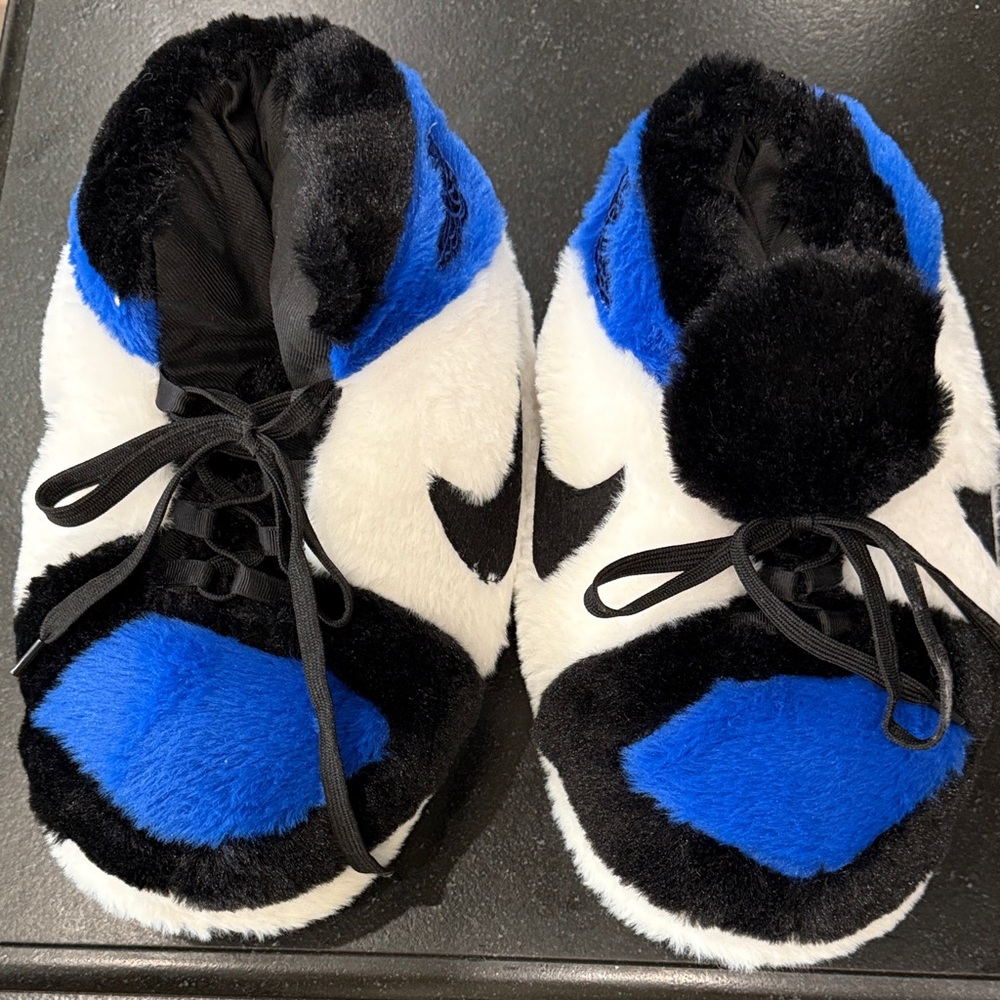 Fuzzy Black and Blue Plush Sneaker Slippers